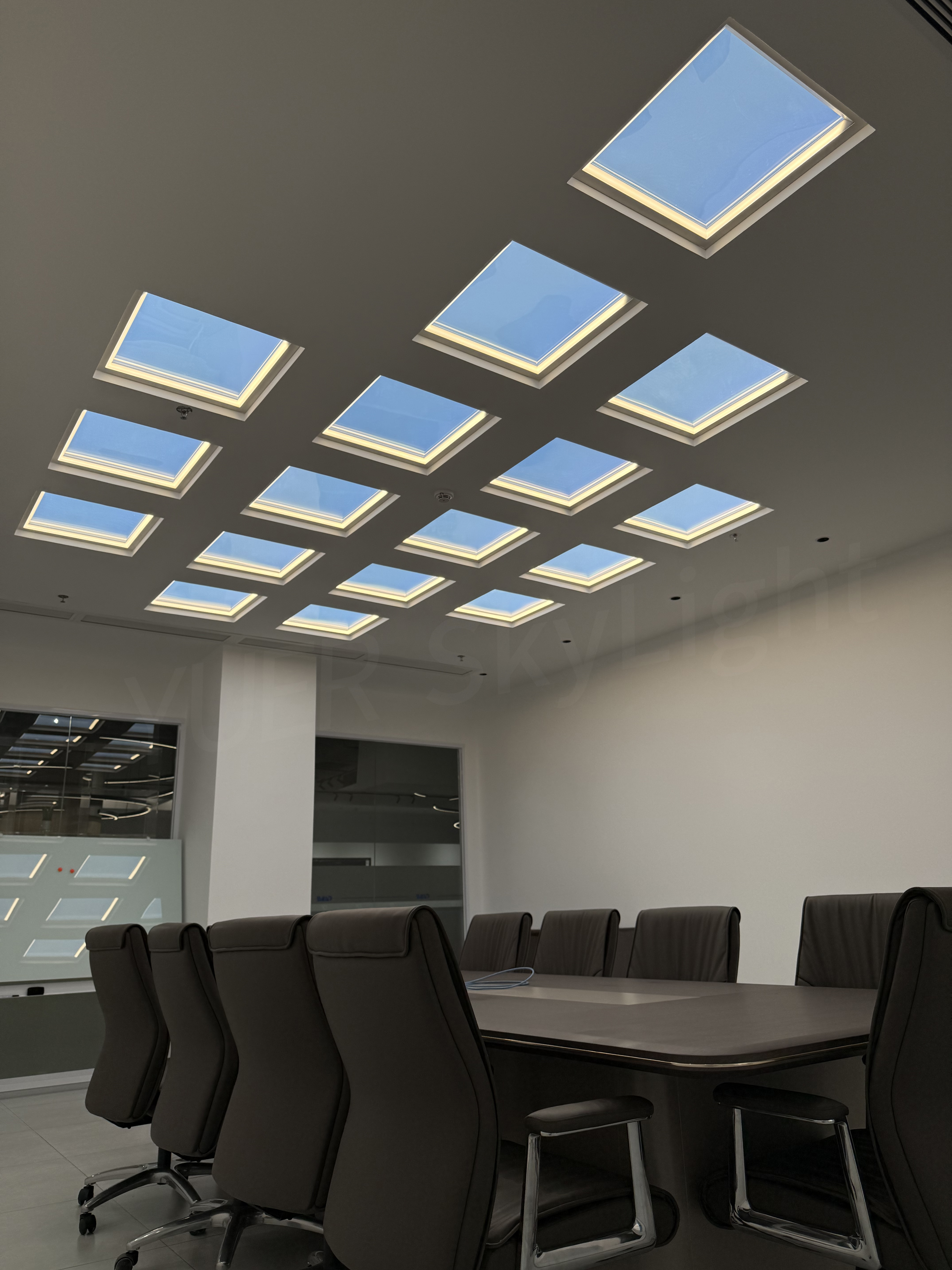 Internal meeting room in a Manchester office, lit with YuerSky artificial daylight