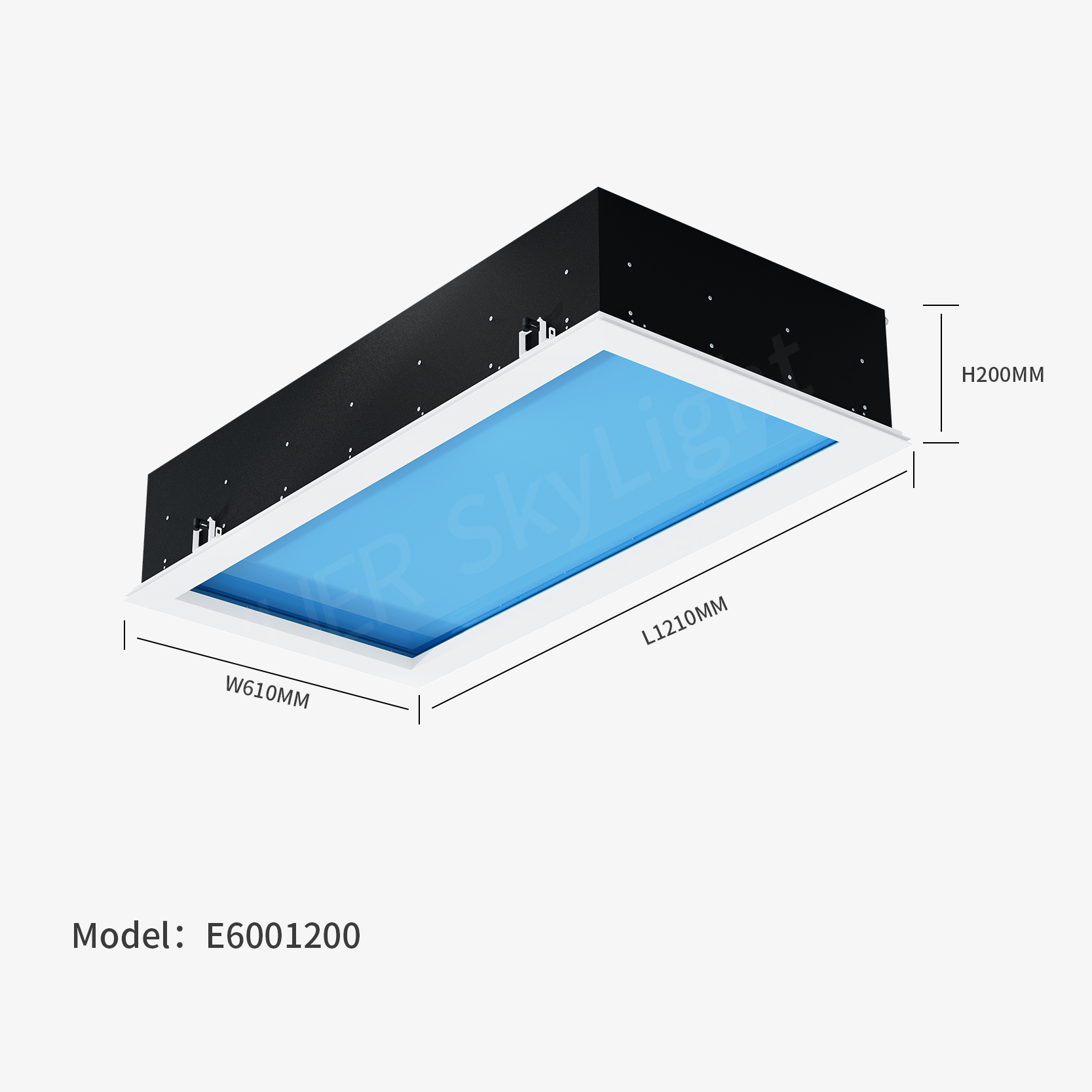 Technical cutaway diagram showing the optical daylight module recessed into a ceiling void, with light spectrum annotations